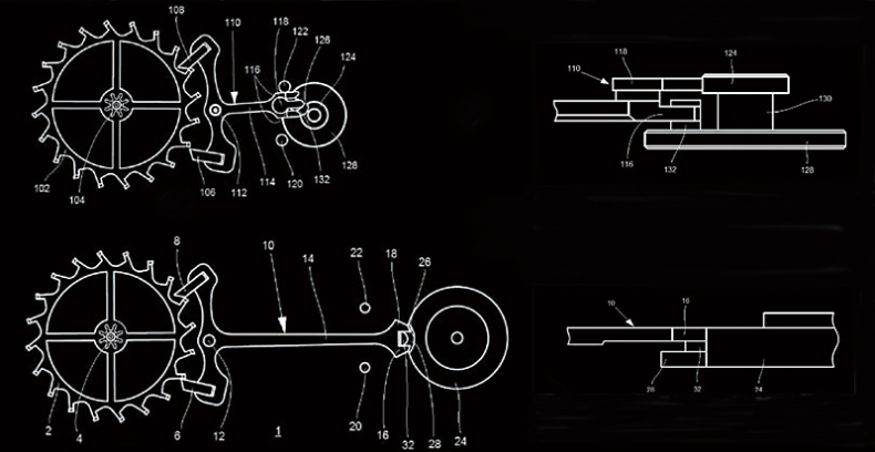 スイスレバー脱進機の概念図、ウルトラフラット脱進機の概念図